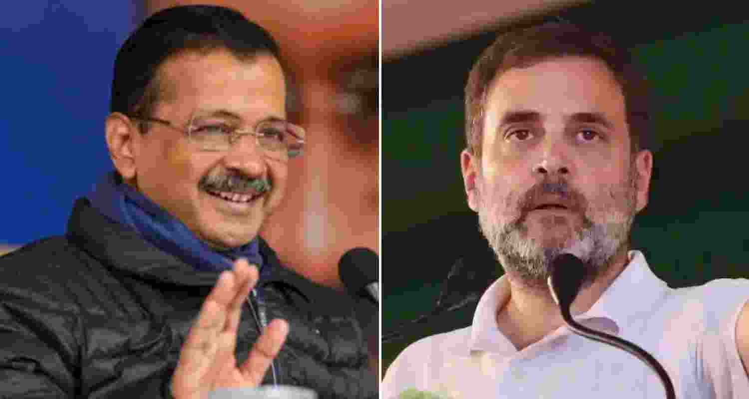AAP supremo Arvind Kejriwal and Congress leader Rahul Gandhi. File photos.