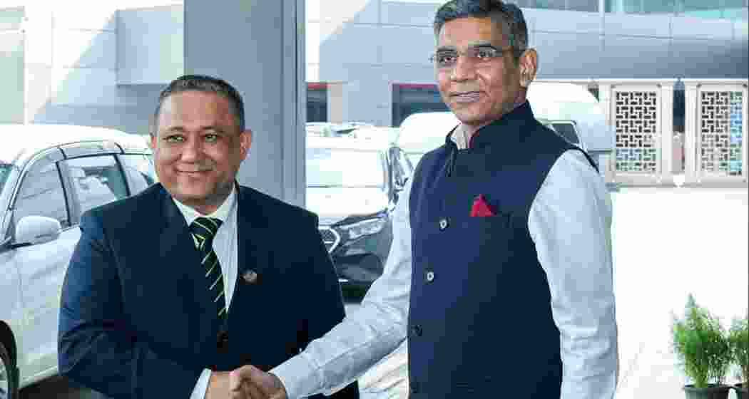 Nepal Foreign Minister Shisir Khanal is welcomed upon his arrival in New Delhi on Friday for a two-day official visit, during which he will hold talks with External Affairs Minister S Jaishankar.
