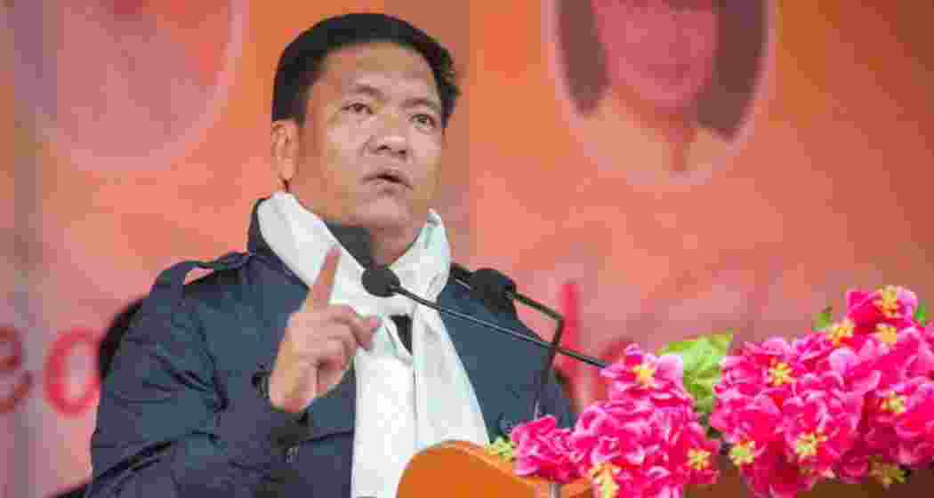 File photo of Arunachal Pradesh Chief Minister Pema Khandu addressing a gathering. 