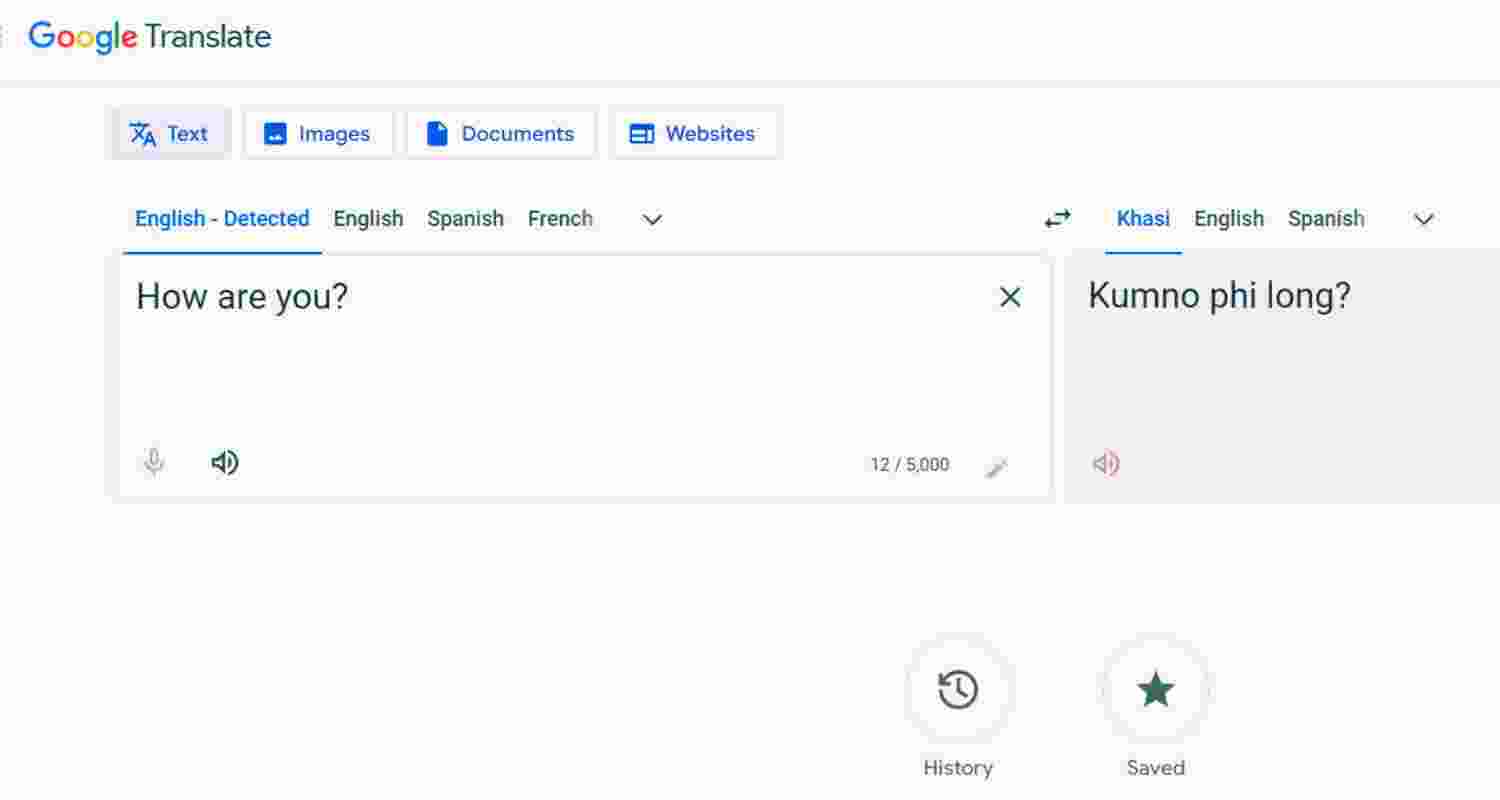 An English sentence translated into Khasi using Google Translate.