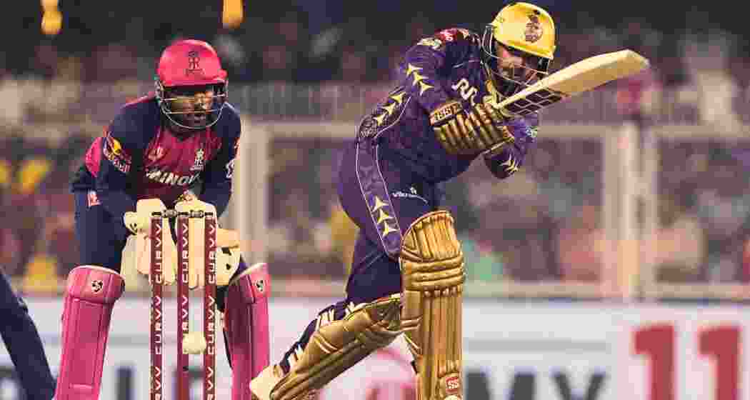 Quinton de Kock plays a shot during his match-winning unbeaten 97, guiding Kolkata Knight Riders to a dominant eight-wicket victory over Rajasthan Royals in their IPL clash at Barsapara Stadium, Guwahati.