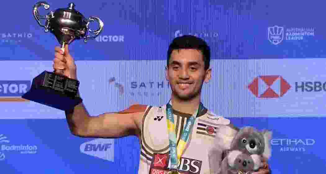 Lakshya Sen celebrates after defeating Japan’s Yushi Tanaka in the Australian Open Super 500 final.
