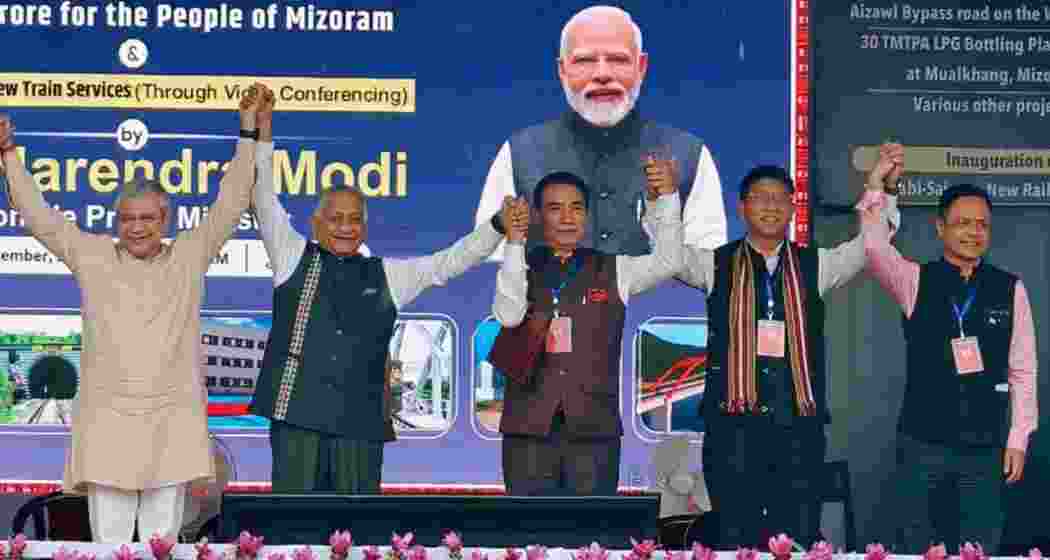 Mizoram Chief Minister Lalduhoma with Railway Minister Ashwini Vaishnaw at the inauguration of the state’s first railway line on Saturday