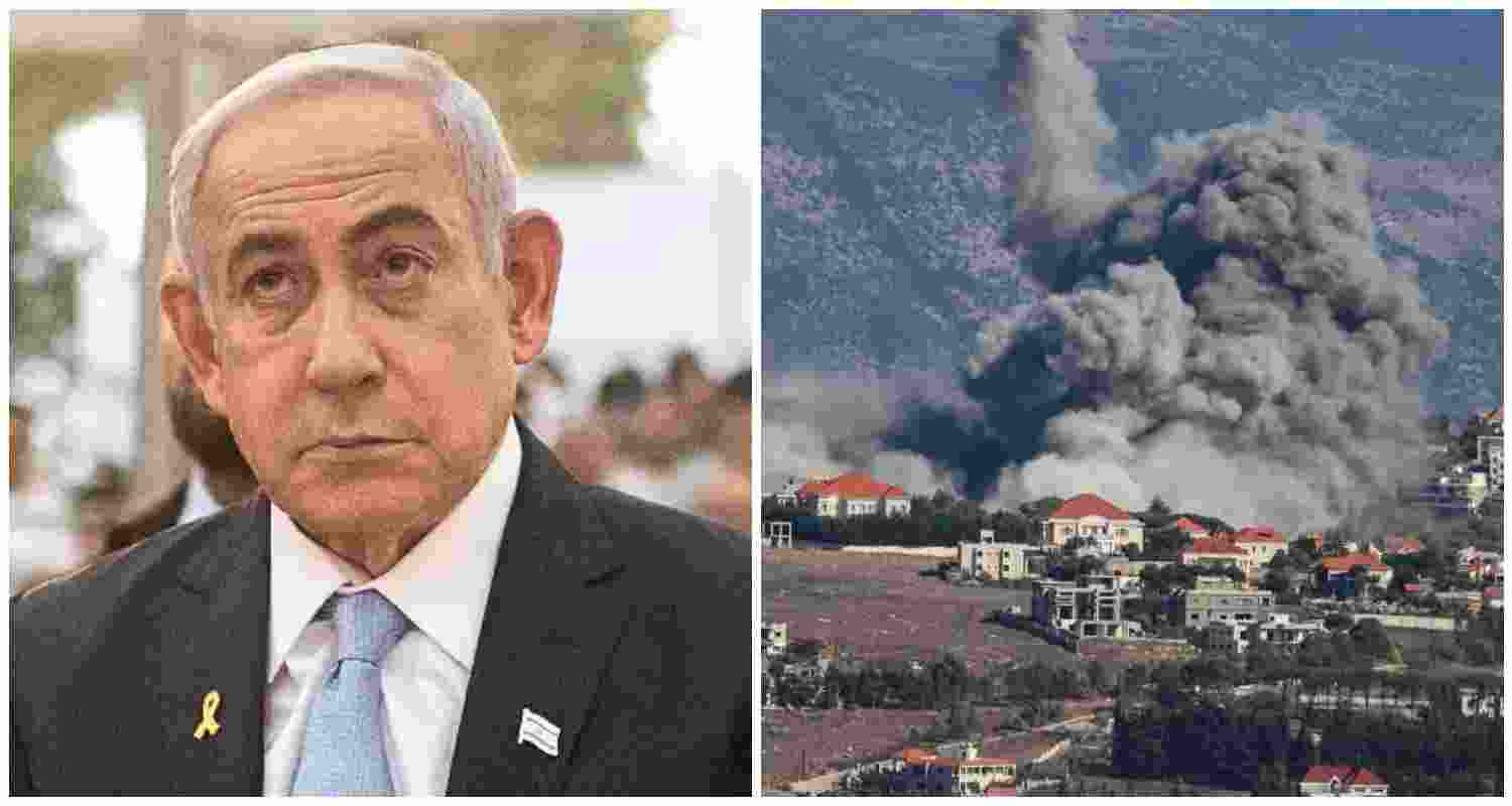 Israeli Prime Minister Benjamin Netanyahu (L), an Israeli strike on Lebanon (R).