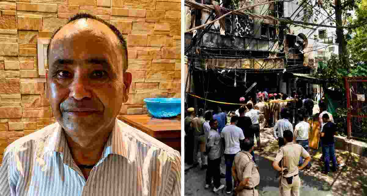 Keshav Negi, the cook arrested in connection with the Malviya Nagar guest house fire, is seen at left, while the gutted Flourish Stay B&B where the blaze claimed 21 lives is pictured at right.