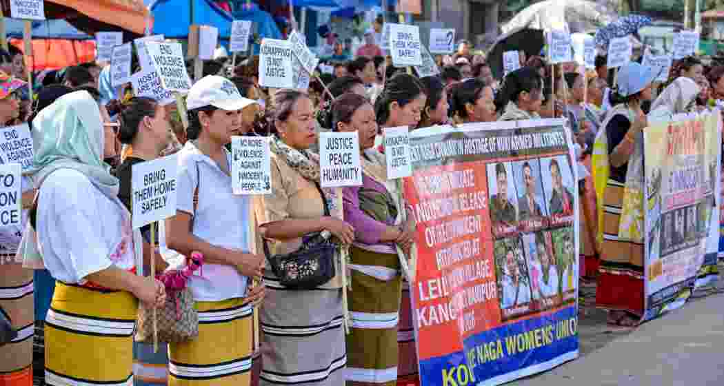 Women take part in a protest demanding the safe release of six missing Naga civilians, allegedly abducted by suspected armed militants following an ambush in Kangpokpi district on May 13, at Kanglatongbi village, in Imphal West district of Manipur, Wednesday, May 20, 2026. (PTI Photo)