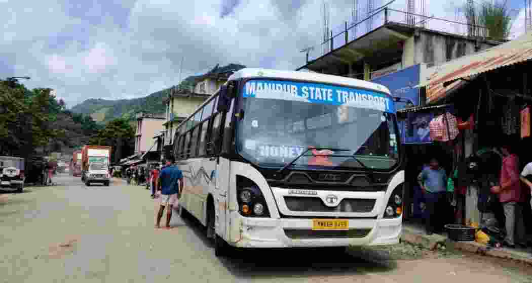 A Manipur State Transport bus ready to ferry passengers near Phougakchao Ikhai in Bishnupur district