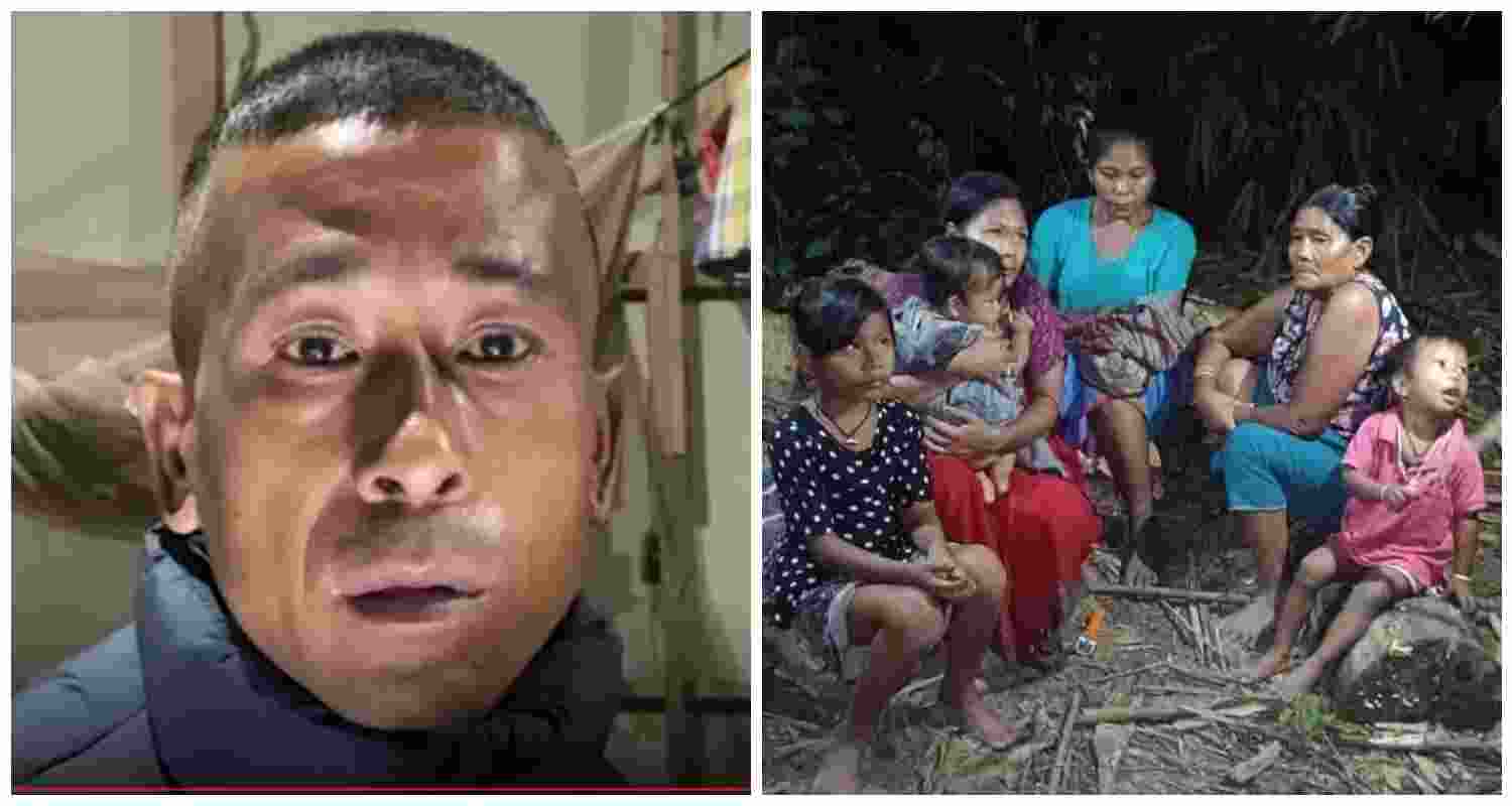 Laishram Herojit, father of the abducted family, pleads for their safe return (L). Photo released by militants showing the abducted family members (R).