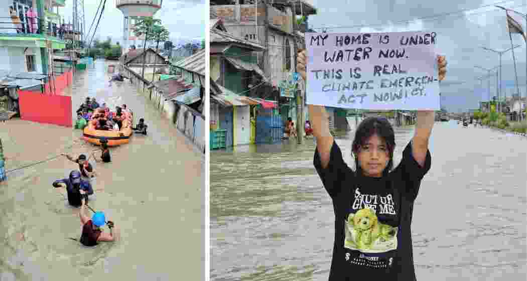 (L) Security personnel evacuate residents from submerged areas as heavy rain triggers flash floods and landslides in Imphal East. Climate activist Licypriya Kangujam from Manipur, renowned globally for her environmental advocacy, stands amidst floodwaters after her home was submerged during devastating flash floods in the strife-hit state.