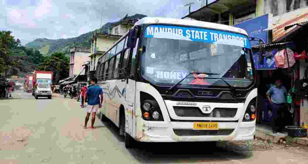 State transport buses at Imphal, prepared for resumption of services to hill districts under tight security.