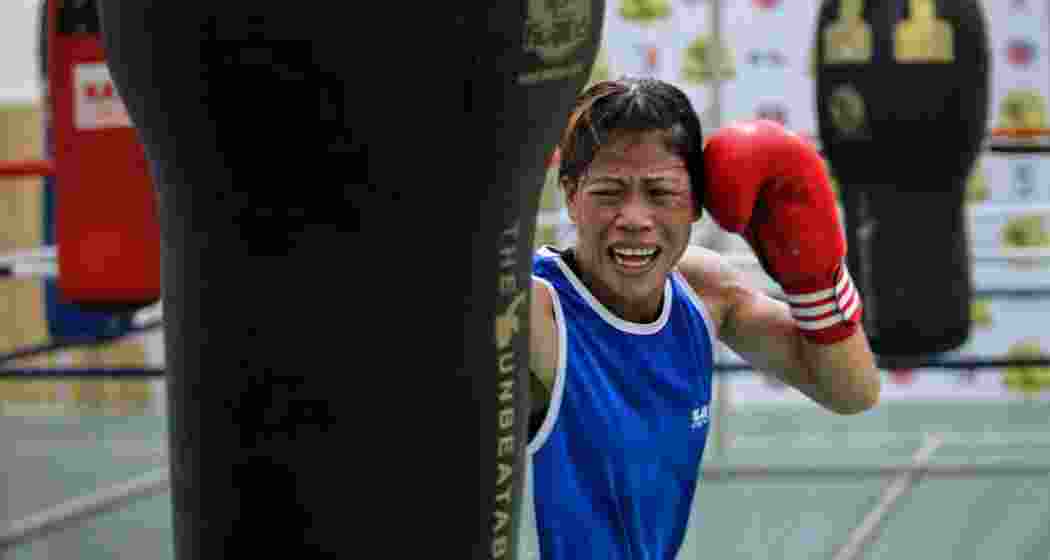 Indian boxer Mary Kom in action during a practise session.