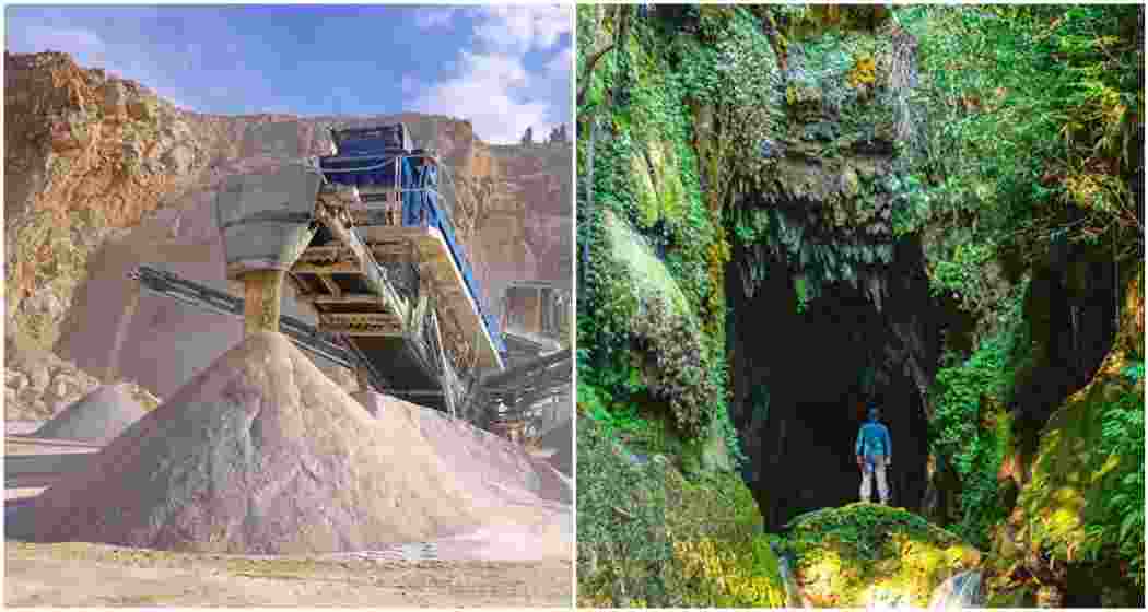 Representative image of limestone mining (L), The Krem Rynjang or Retdung Khur system, India’s 7th longest cave (R).