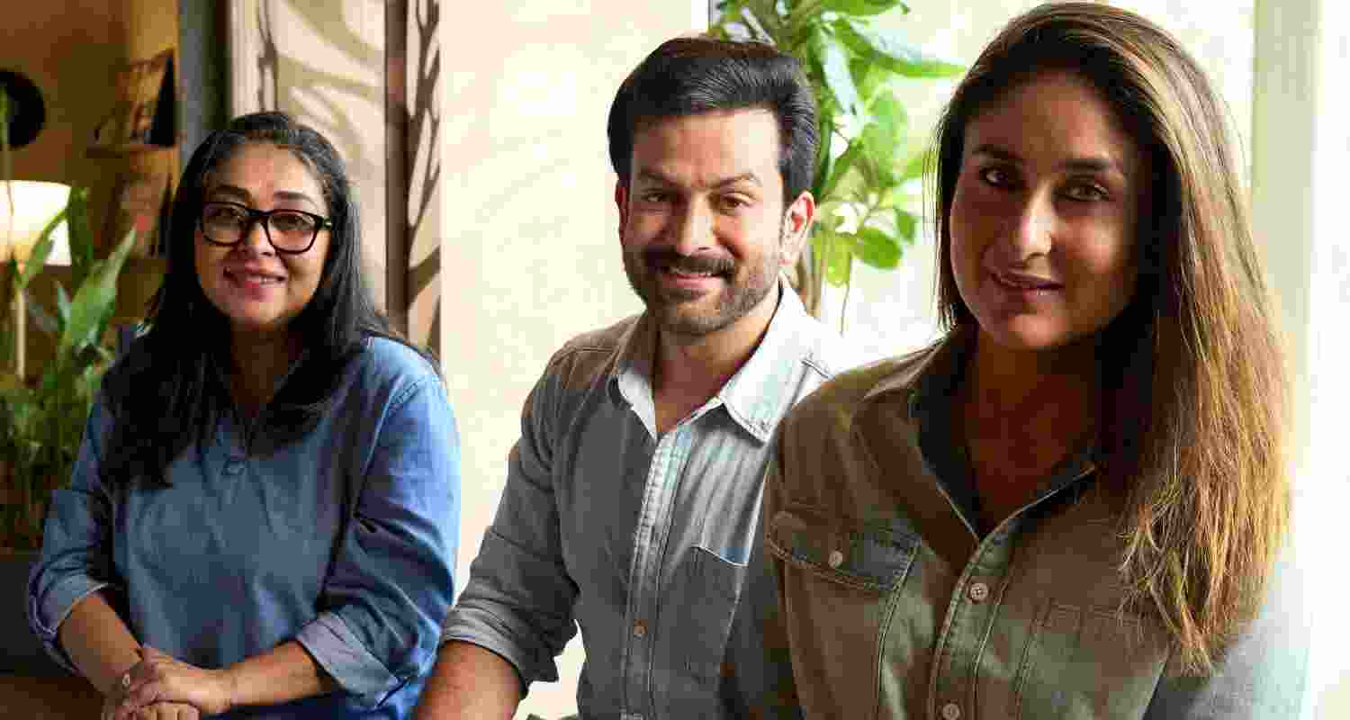 Film maker Meghna Gulzar with Prithviraj Sukumaran and Kareena Kapoor Khan. Image: X