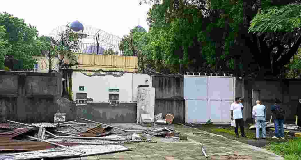 Demolished structures outside the Pakistan High Commission in New Delhi.