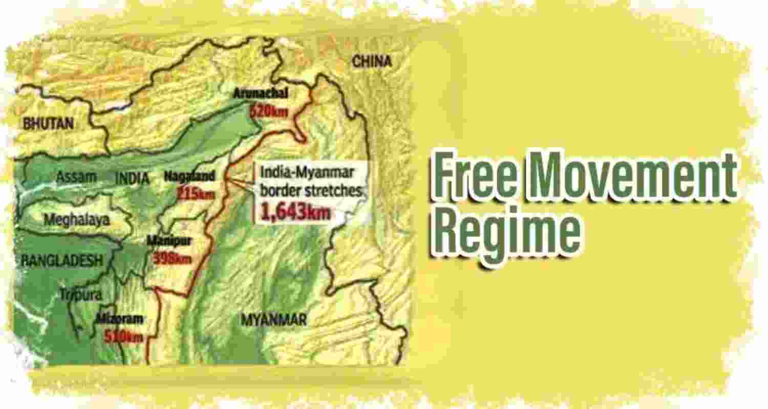A pictorial description of Centre's Indo-Myanmar border plan and its proposal to fence the India-Myanmar border, putting halt to the Free Movement Regime (FMR).