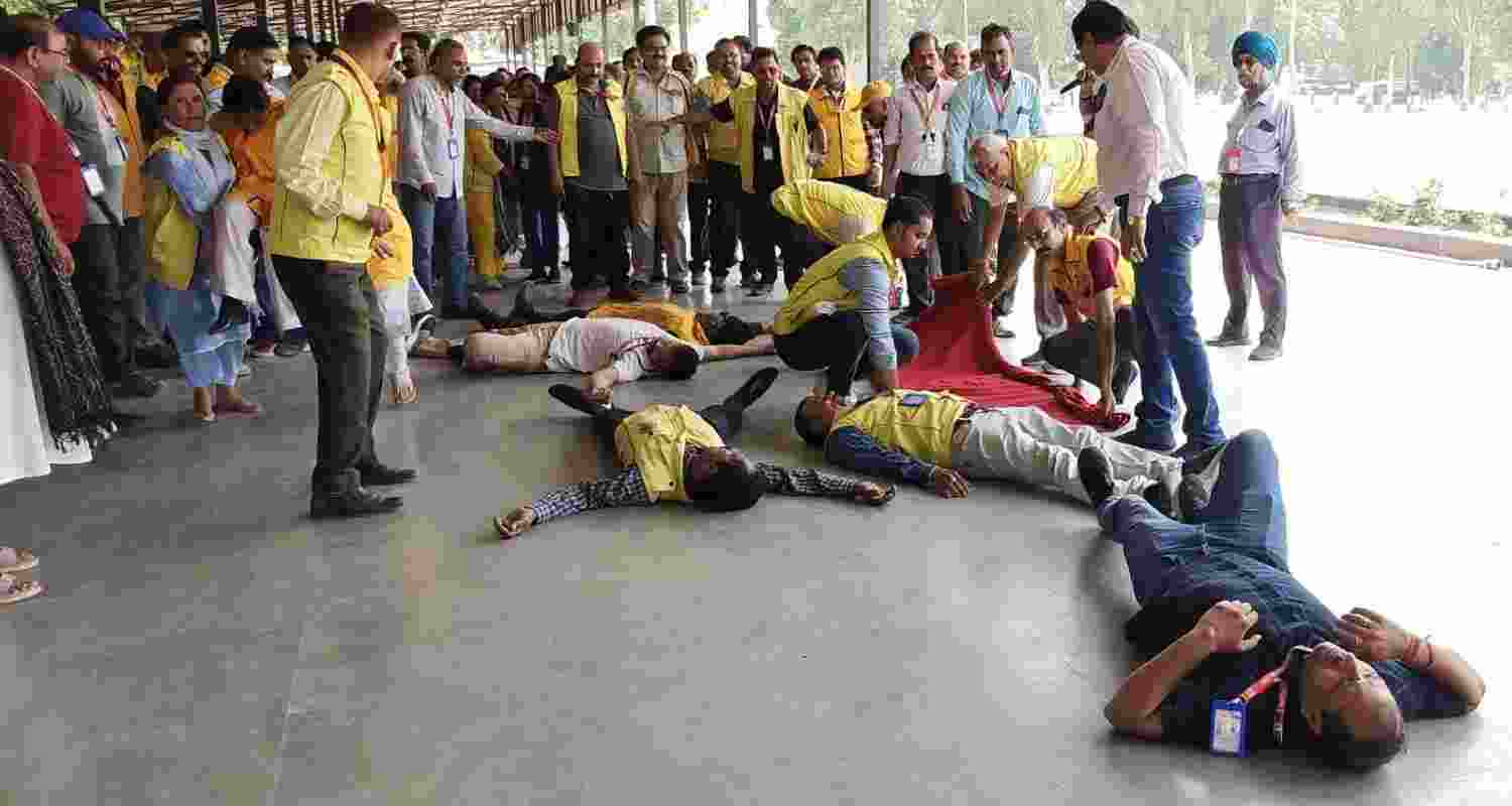 A mock drill was conducted by the Civil Defence at the Reserve Police Lines in Lucknow on Tuesday.