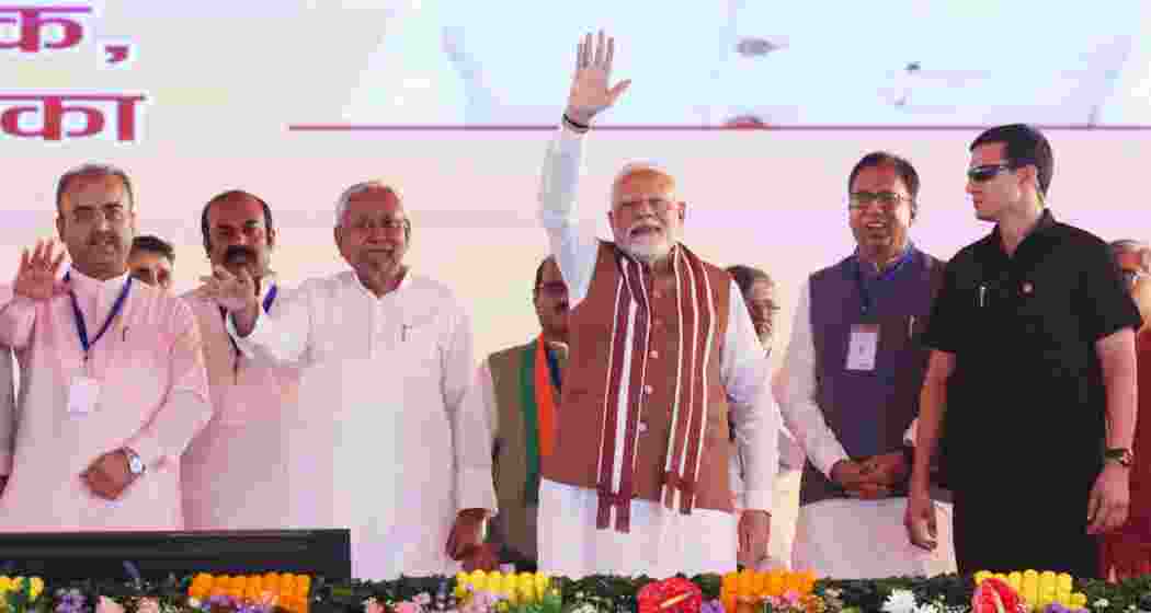 Darbhanga: Prime Minister Narendra Modi with Bihar Chief Minister Nitish Kumar during the inauguration of multiple developmental projects, in Darbhanga, Bihar, Wednesday, Nov. 13, 2024.