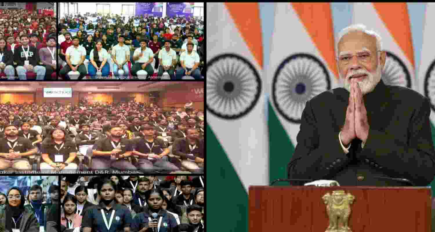 Prime Minister Narendra Modi interacts with young innovators at Smart India Hackathon '24 grand finale via video conferencing, in New Delhi, Wednesday.