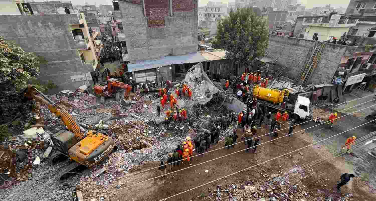 Rescue operation continues after a multi-storey building collapsed on Saturday evening, at Sohana village in Punjab's Mohali district, Sunday.