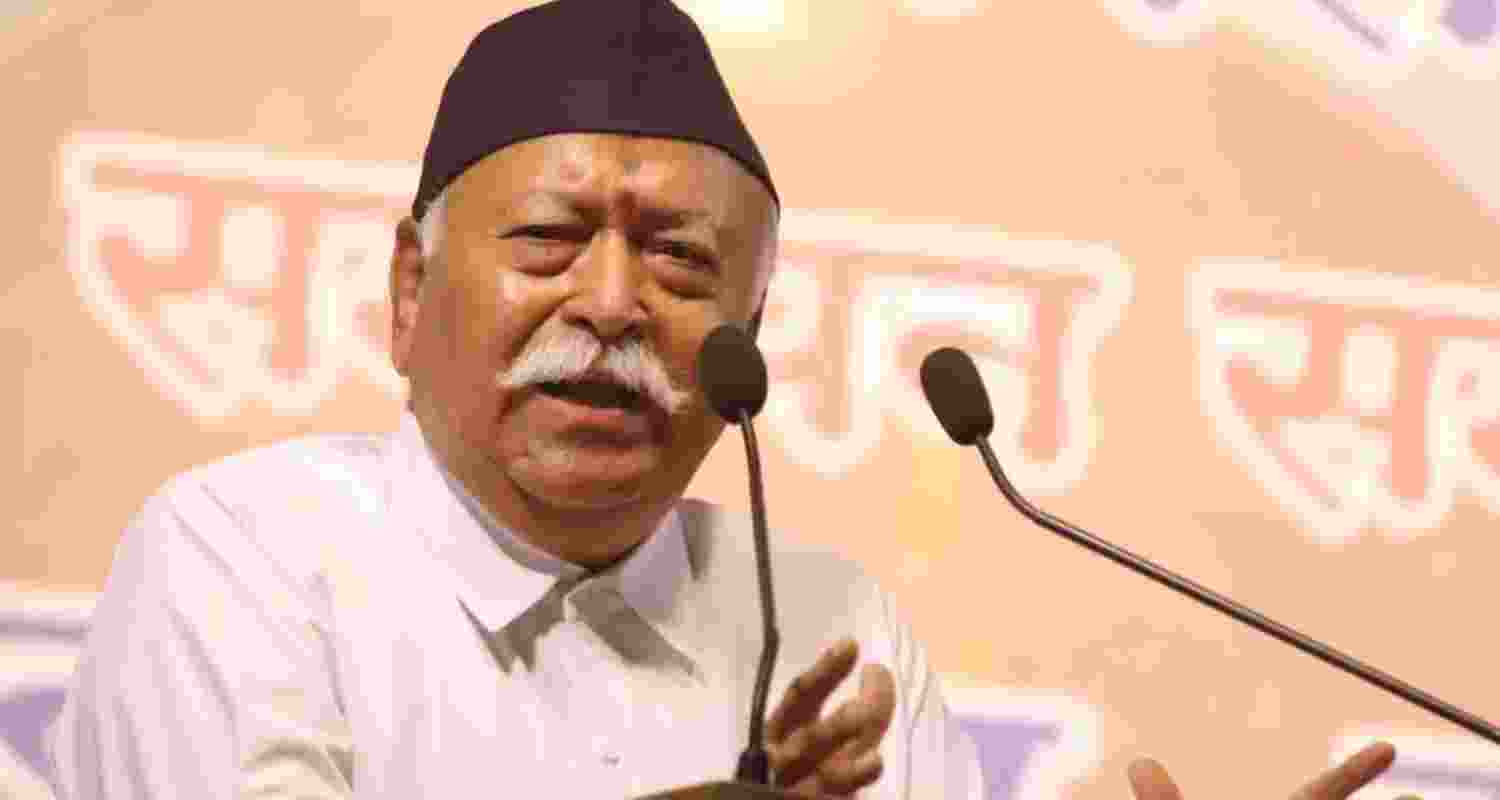 A file photo of RSS chief Mohan Bhagwat addressing at an event. 