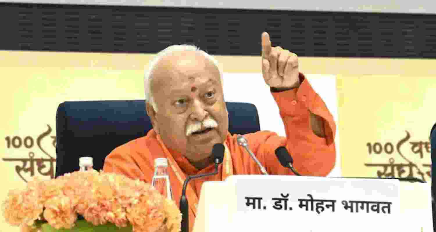 RSS chief Mohan Bhagwat during a press conference in New Delhi on Thursday.