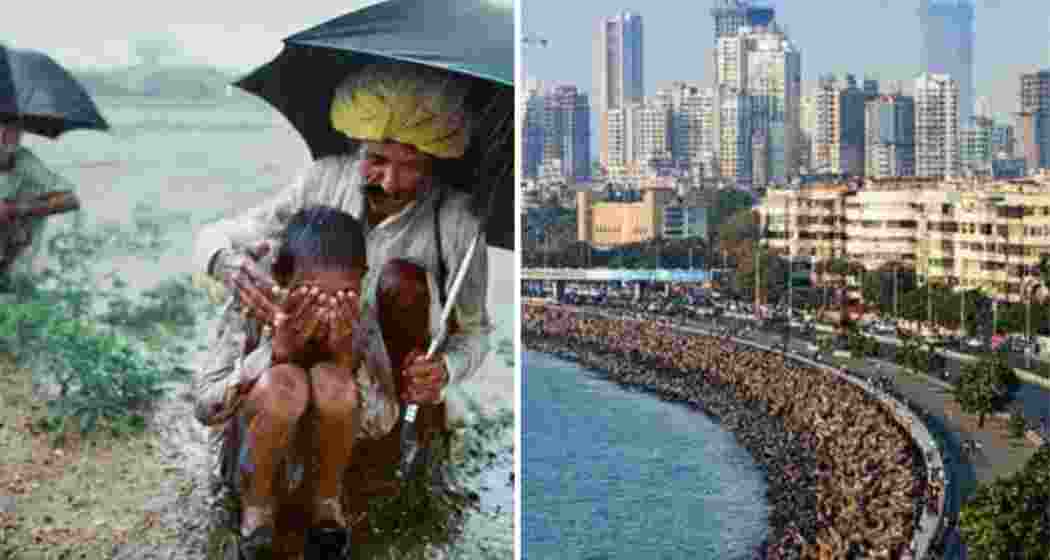 A farmer with his child braves heavy rain in Rajasthan, while Mumbai’s Marine Drive witnesses a hot, dry spell, highlighting the monsoon’s uneven spread. A farmer with his child braves heavy rain in Rajasthan, while Mumbai’s Marine Drive witnesses a hot, dry spell, highlighting the monsoon’s uneven spread.