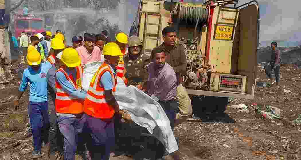 Rescue work underway after blast and fire at the firecracker factory, in Harda, Madhya Pradesh on Tuesday. Rescue work underway after blast and fire at the firecracker factory, in Harda, Madhya Pradesh on Tuesday.