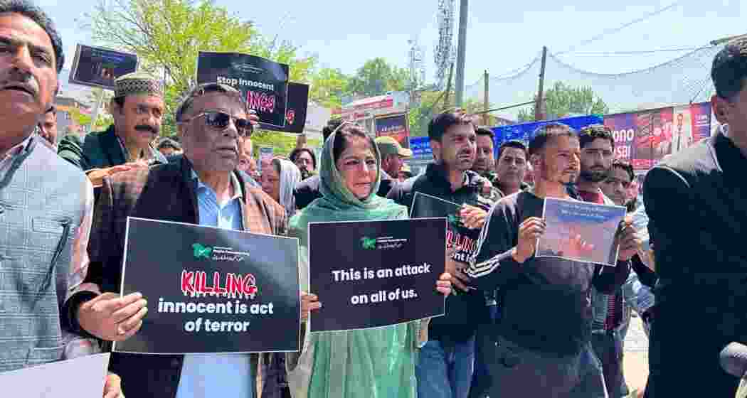 PDP president Mehbooba Mufti leads a protest in Srinagar on Wednesday condemning the Pahalgam terror attack, expresses solidarity with victims’ families, and demands urgent action against those responsible.