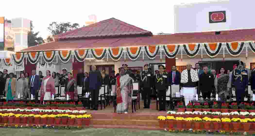President Droupadi Murmu attends an 'At-Home' reception at Army House on Vijay Diwas eve, also present are with Vice President Jagdeep Dhankhar, Defence Minister Rajnath Singh, and senior military officials.