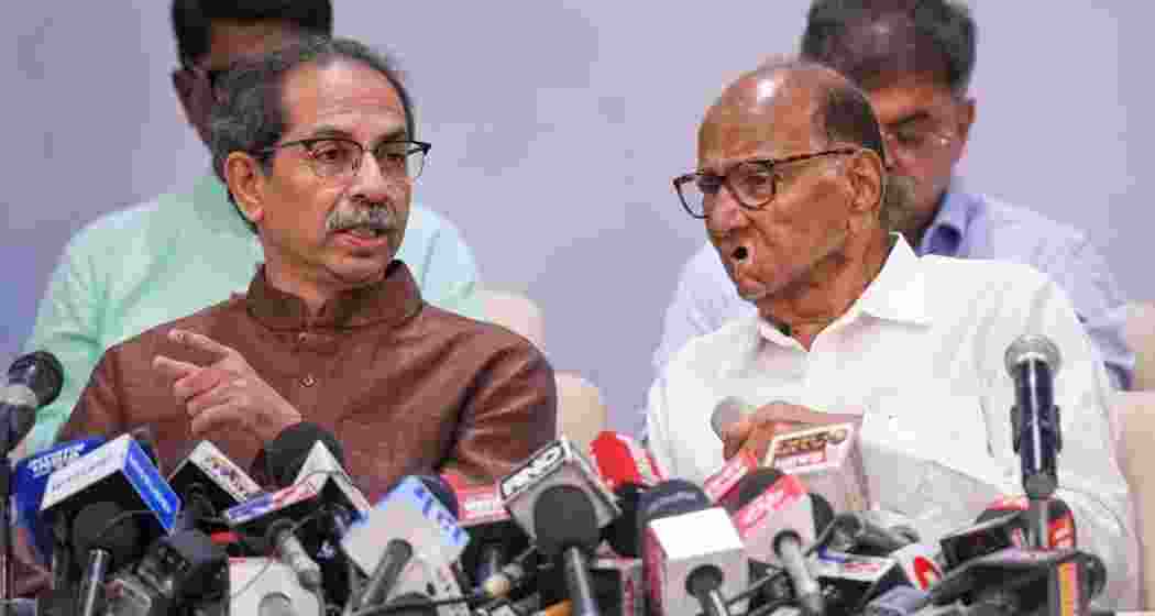 Shiv Sena (UBT) chief Uddhav Thackeray and NCP (SP) chief Sharad Pawar during a Maha Vikas Aghadi meeting.