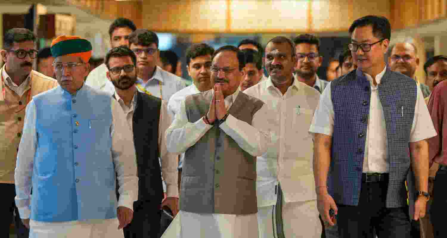 Union Ministers and BJP MPs JP Nadda, Kiren Rijiju, Arjun Ram Meghwal, L Murgan chair the all-party meeting ahead of the monsoon session of Parliament.