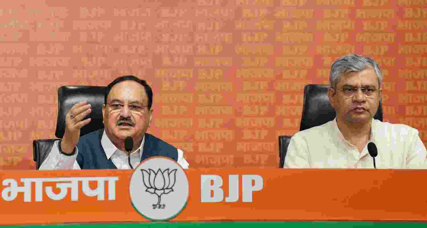 BJP National President Jagat Prakash Nadda with party leader Ashwini Vaishnaw addresses a press conference on "Viksit Bharat Ka Amrit Kaal: Seva, Sushasan aur Garib Kalyan ke 11 Saal", marking the completion of 11 years of the NDA government under the leadership of Prime Minister Narendra Modi, at the BJP headquarters in New Delhi, Monday.