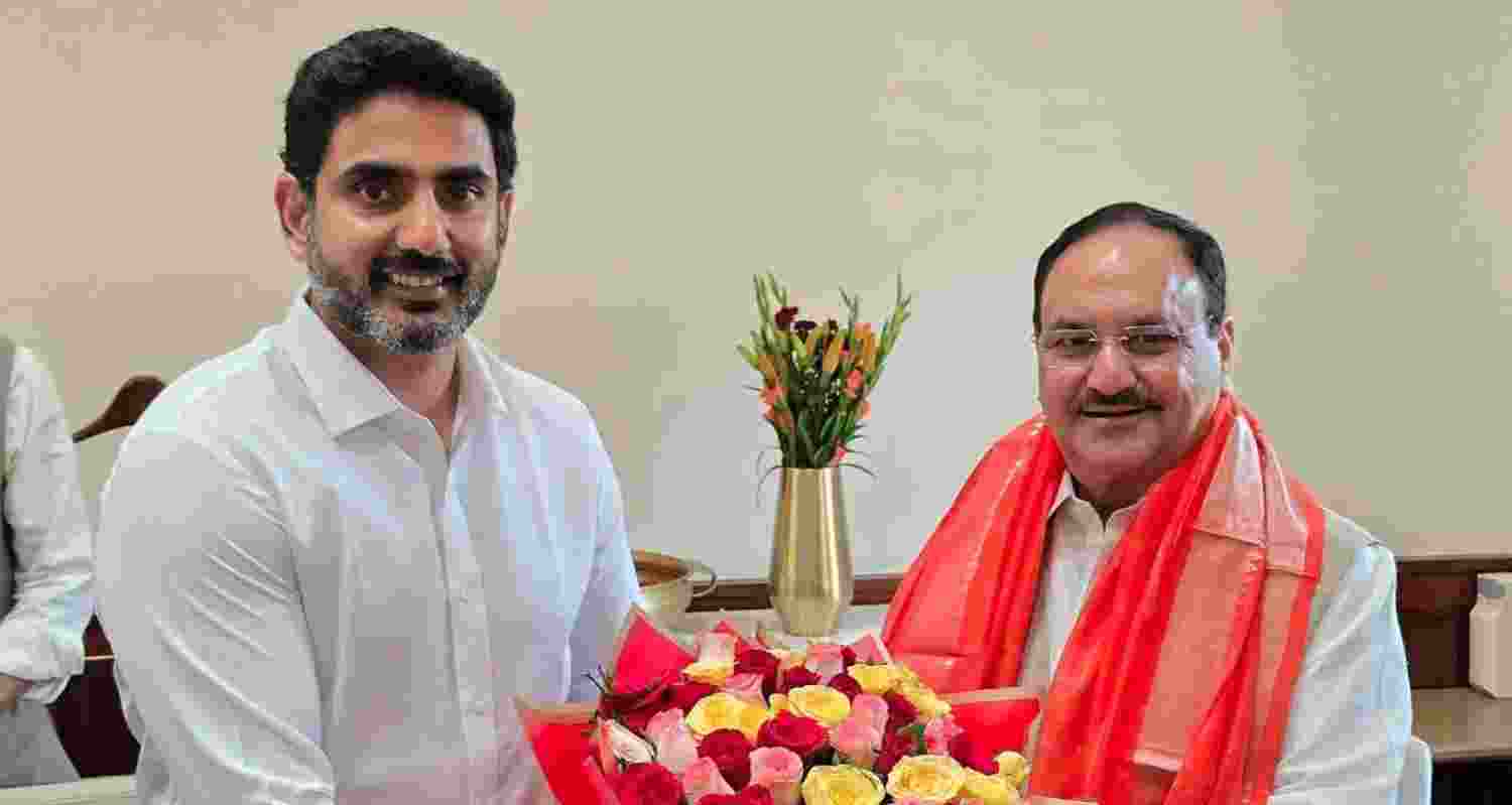 Andhra Pradesh Minister Nara Lokesh meets National President of the Bharatiya Janata Party and Union Minister for Health, Fertilizers, and Chemicals, JP Nadda in New Delhi on Monday.