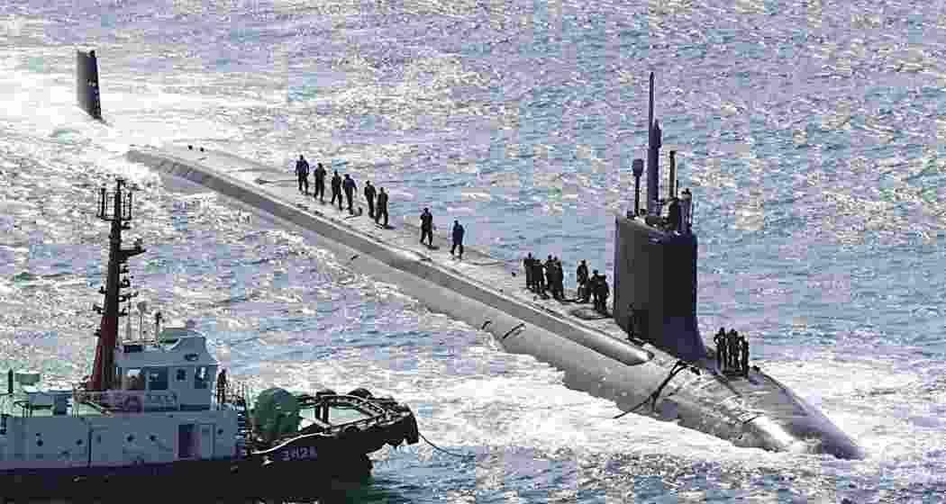 The Vermont, a nuclear-powered fast-attack submarine, enters a naval base in Busan.