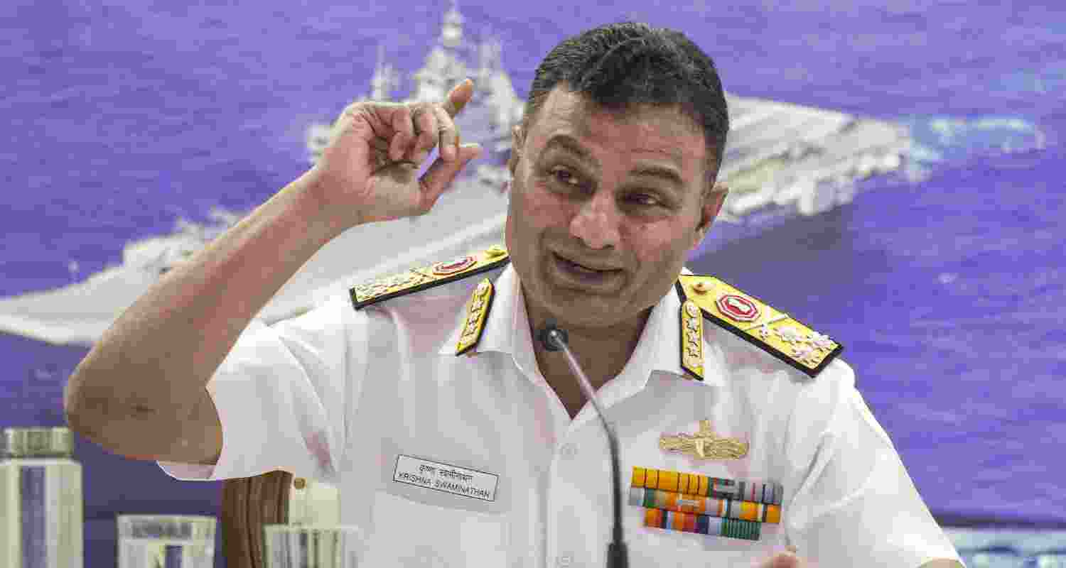Flag Officer Commanding-in-Chief Western Naval Command Vice Admiral Krishna Swaminathan addresses the annual press conference ahead of Navy Day, in Mumbai, Tuesday, Dec. 2, 2025