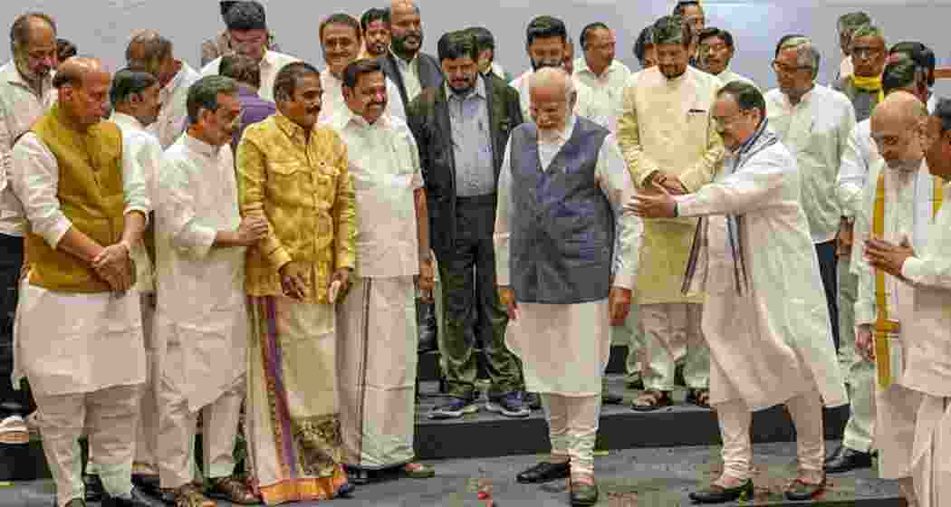 Leaders of the National Democratic Alliance gather during the 2023 NDA Parliamentary Party meeting.