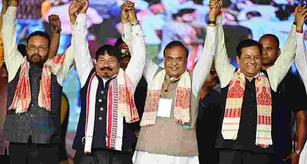 BJP and NDA candidates celebrating their victory in Assam’s by-polls, securing all five contested seats, as Chief Minister Himanta Biswa Sarma hails the win as a boost for the party ahead of 2026 elections.