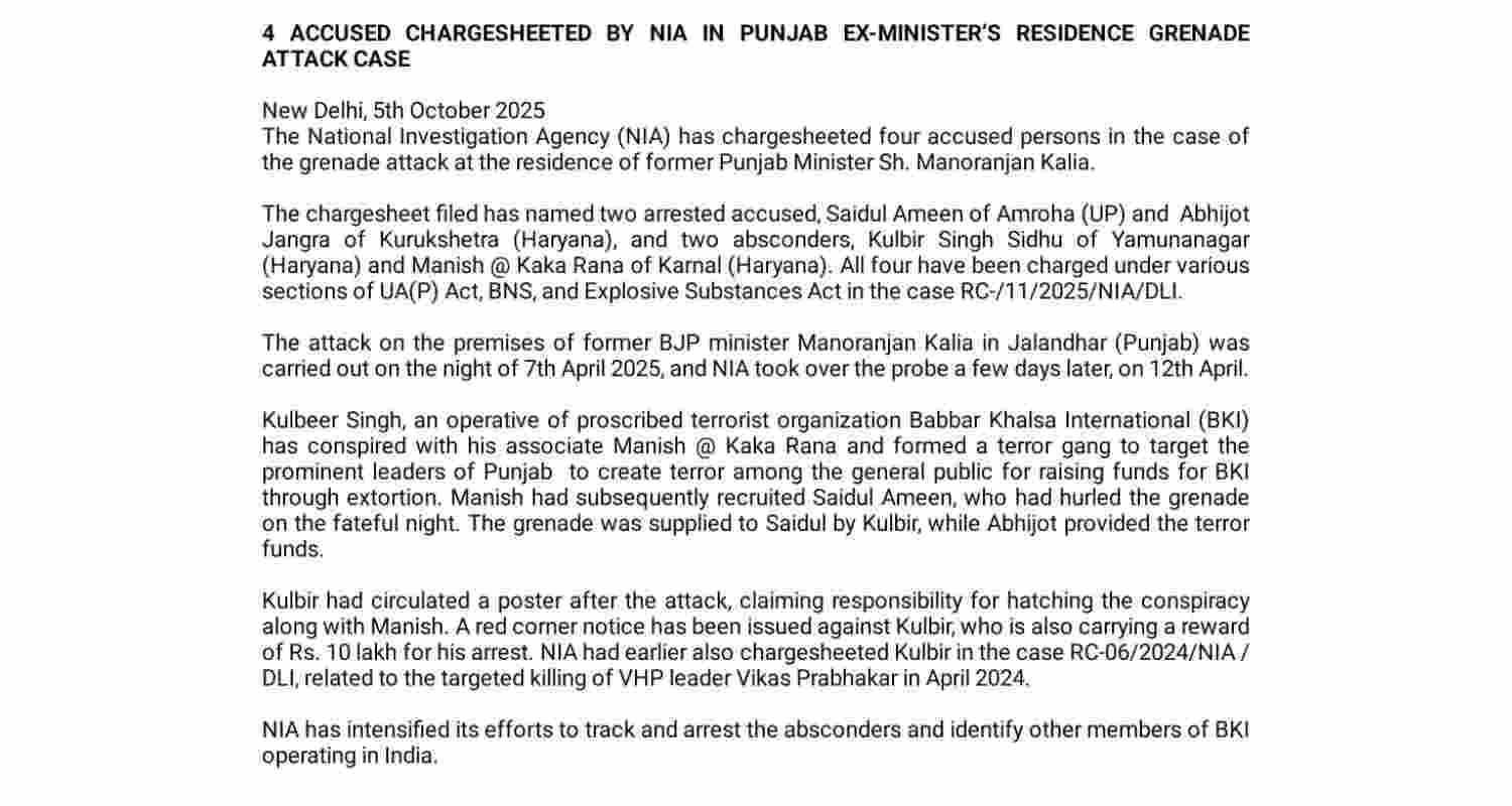 NIA chargesheets four, including Khalistani operatives, for grenade attack at ex-Punjab minister home. 
