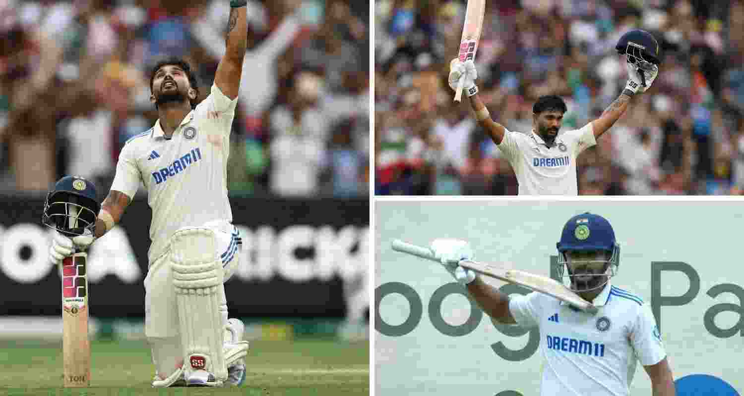 21-year-old Nitish Reddy celebrates his century in style. 21-year-old Nitish Reddy celebrates his century in style.