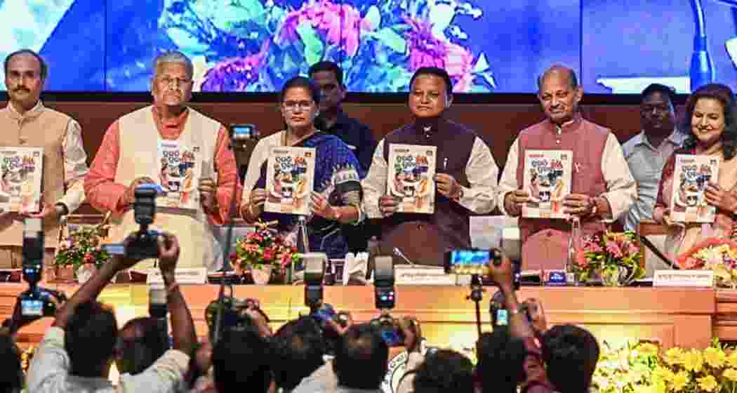 Odisha Chief Minister Mohan Charan Majhi, accompanied by cabinet colleagues, addresses a press conference in Bhubaneswar on government policies and key development initiatives.