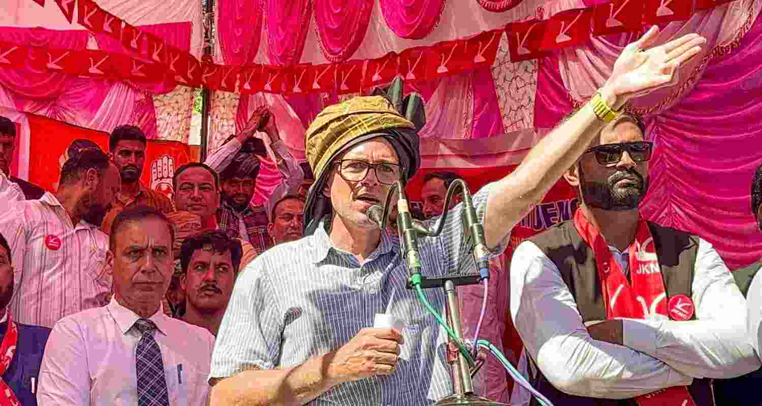 National Conference Vice President Omar Abdullah addresses a public meeting ahead of the second phase of Jammu and Kashmir Assembly elections, at Mendhar in Poonch district, J&K, Friday.