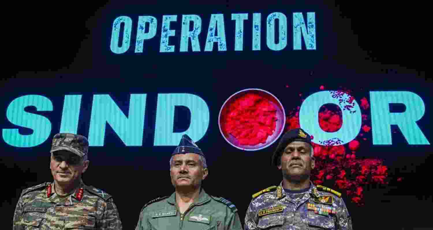 From left: DGMO Lieutenant General Rajiv Ghai, Air Marshal AK Bharti and Vice Admiral AN Pramod during the press conference on 'Operation Sindoor', in New Delhi on May 12. File photo.