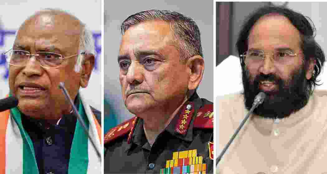 Congress president Mallikarjun Kharge, CDS General Anil Chauhan and Telangana minister Uttam Kumar Reddy.