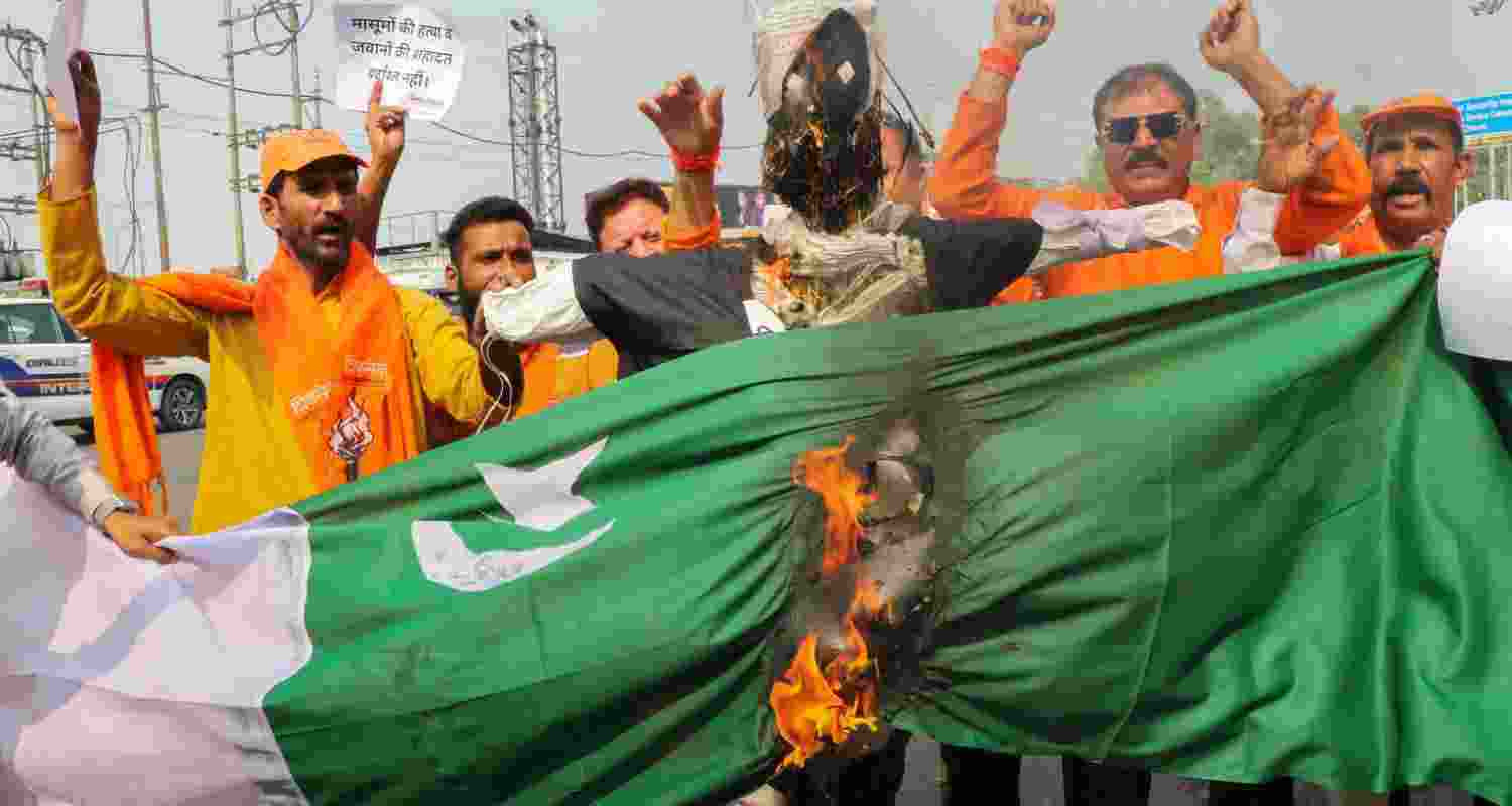 Members of Shiv Sena and Dogra Front stage a demonstration against Pakistan following a terrorist attack in J&K's Ganderbal on Sunday, in Jammu, Monday. Members of Shiv Sena and Dogra Front stage a demonstration against Pakistan following a terrorist attack in J&K's Ganderbal on Sunday, in Jammu, Monday.