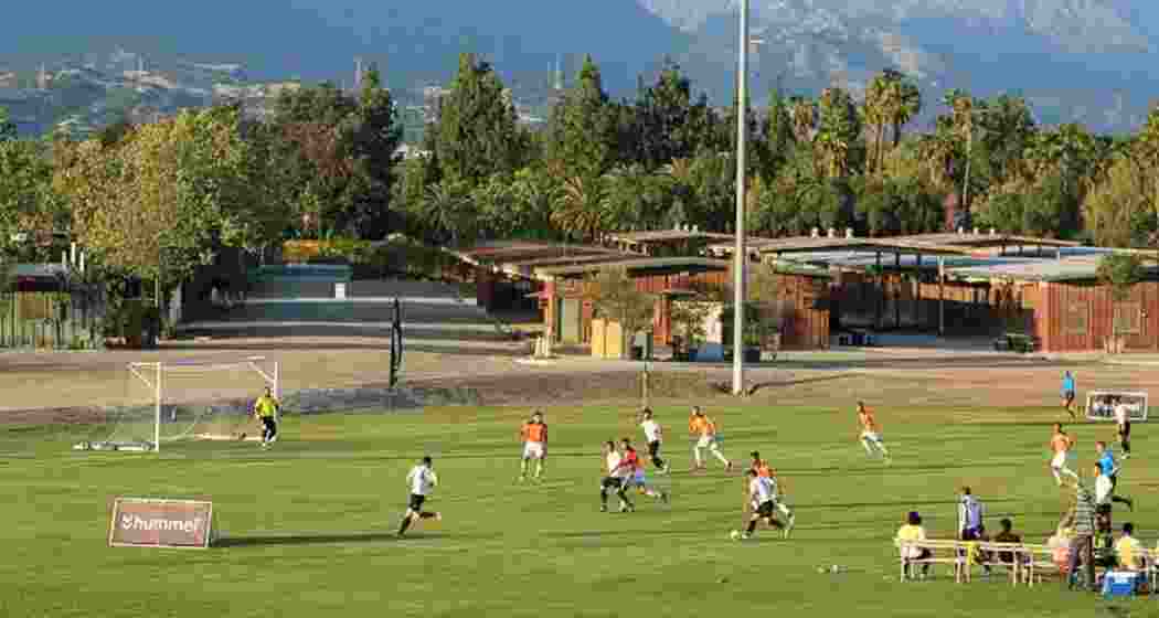 People enjoy football at The Fairplex in Pomona, South California, which will host cricket for the first time during the Los Angeles Olympics in 2028 — 128 years after the sport’s last appearance.