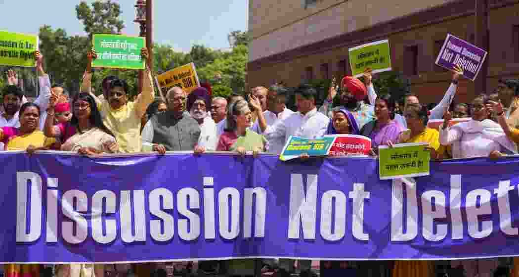 INDIA bloc parliamentarians protesting against the Election Commission's Special Intensive Revision (SIR) of electoral rolls in Bihar, during the Monsoon session of Parliament, in New Delhi on Thursday.