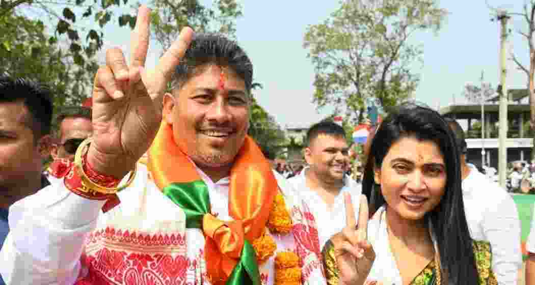 Assam minister Pijush Hazarika poses for a photograph after winning Jagiroad seat.