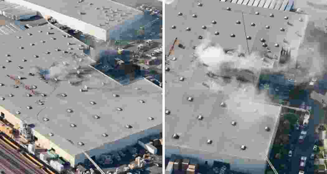 Aerial view of the plane crash site near Fullerton Airport, California, where two were killed and 18 injured on Thursday.