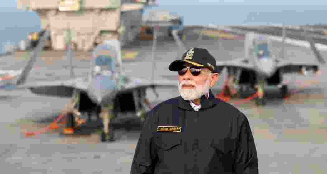 Prime Minister Narendra Modi aboard INS Vikrant in Goa, meeting Navy personnel to celebrate Diwali.