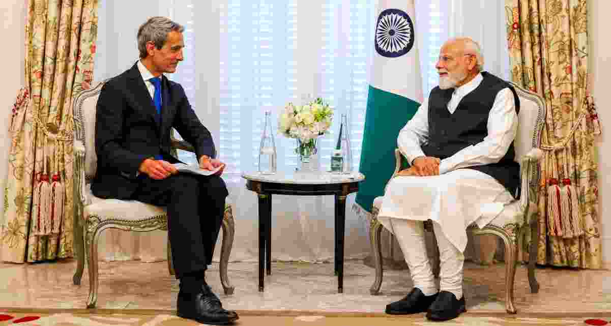Prime Minister Narendra Modi meets Benoit Bazin, Chairman and CEO of Saint-Gobain, in Paris on Thursday. The two discussed investment opportunities, sustainability and the company's expansion plans in India.